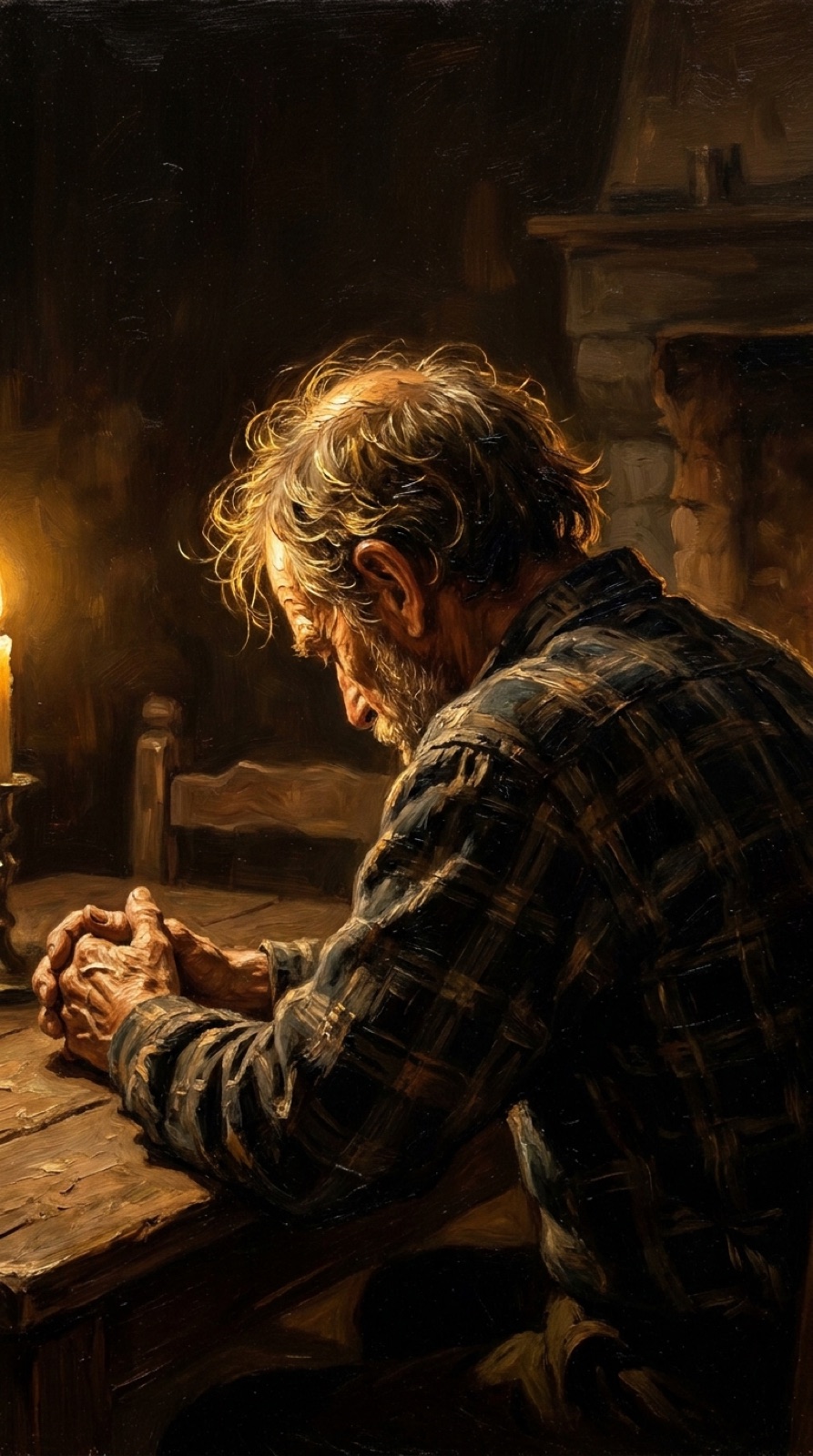 A painting of a working man with his hands folded at a table by candlelight.