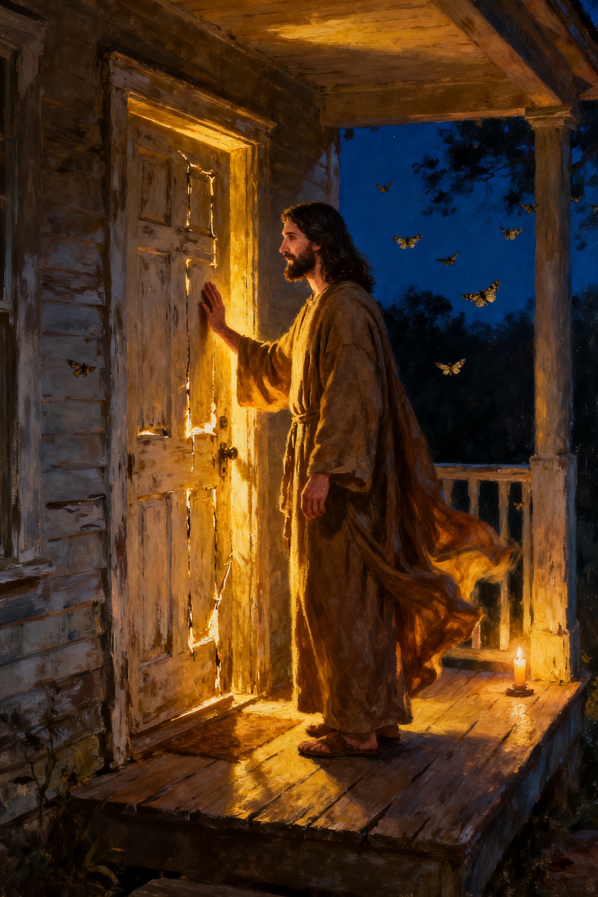 A painting of Jesus knocking at the door of an old house at night, light pouring through the gap.