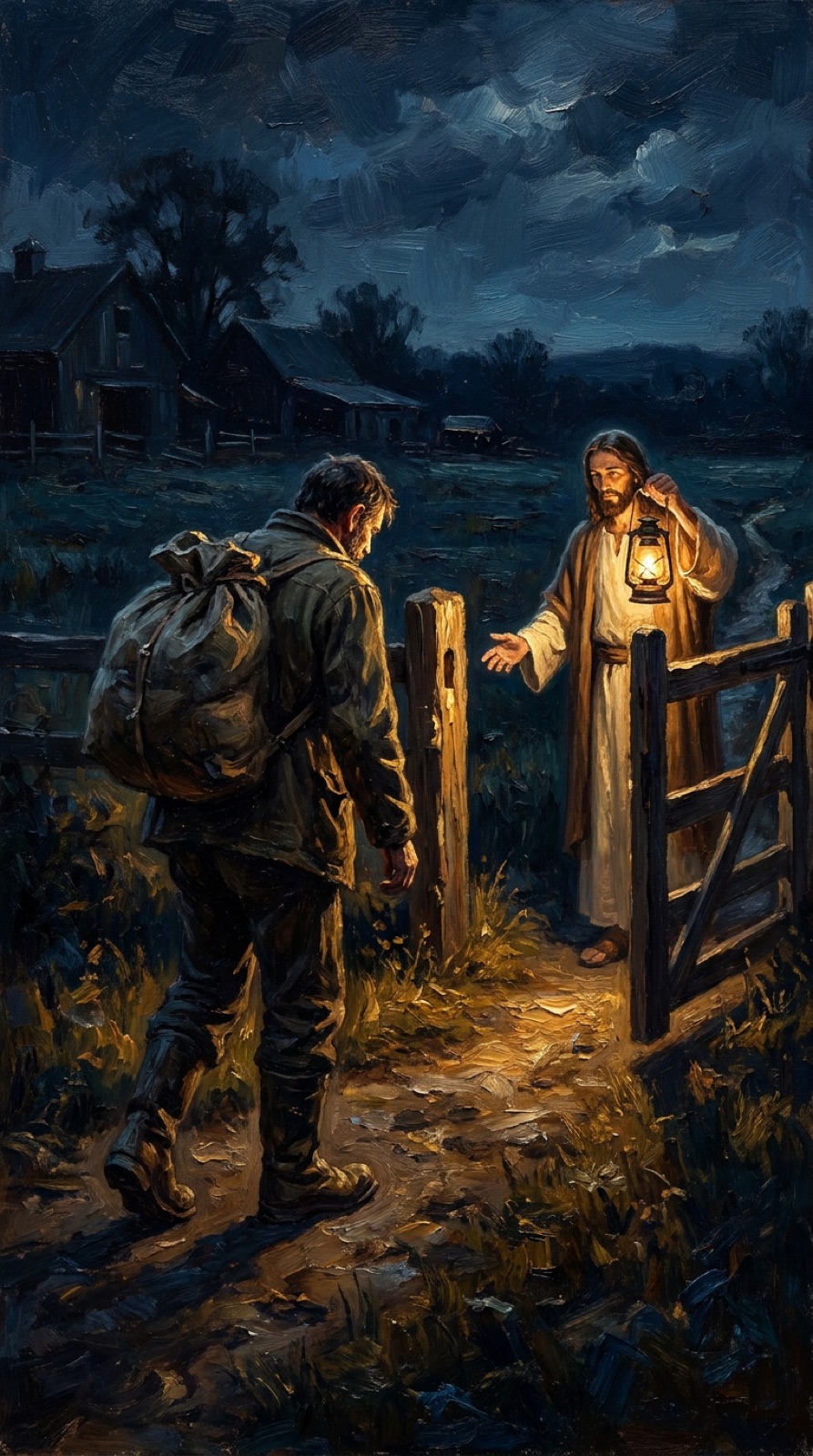 A painting of a tired working man met at a gate at night by Jesus holding a lantern.