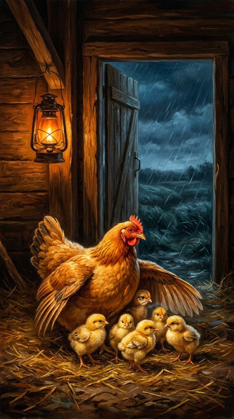 A painting of a hen sheltering her chicks under her wing in a barn while rain falls outside.